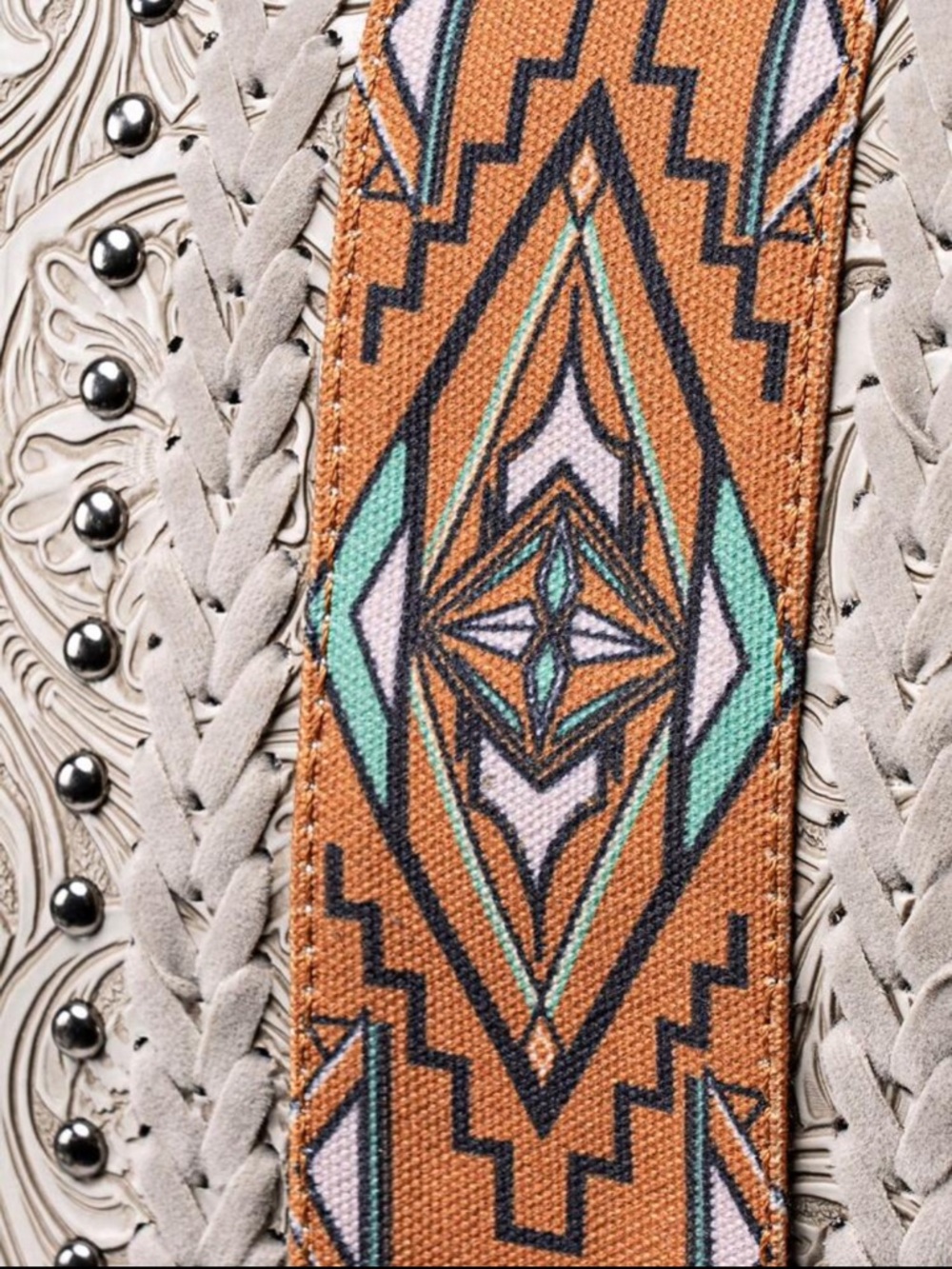 Light Gray Embossed Vegan Fringe Crossbody Bag with Aztec Stripe - Picture 5 of 11